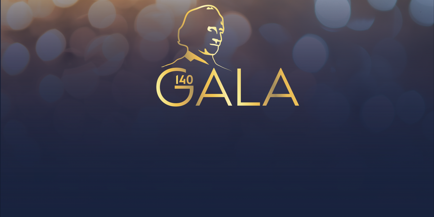 Nugent Gala logo of Father Nugent and text reading '140 Gala'