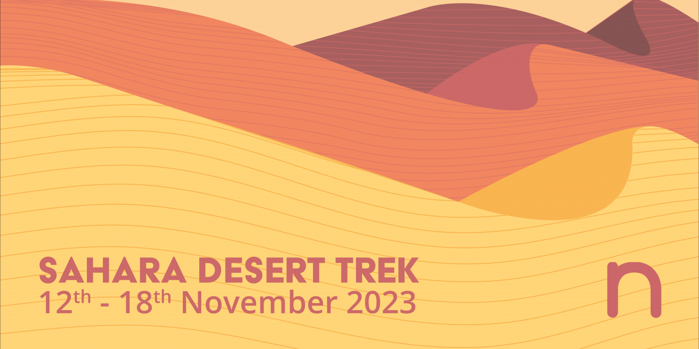 Graphic for Nugent Sahara Trek, text reads: Sahara Desert Trek 12th-18th November 2023